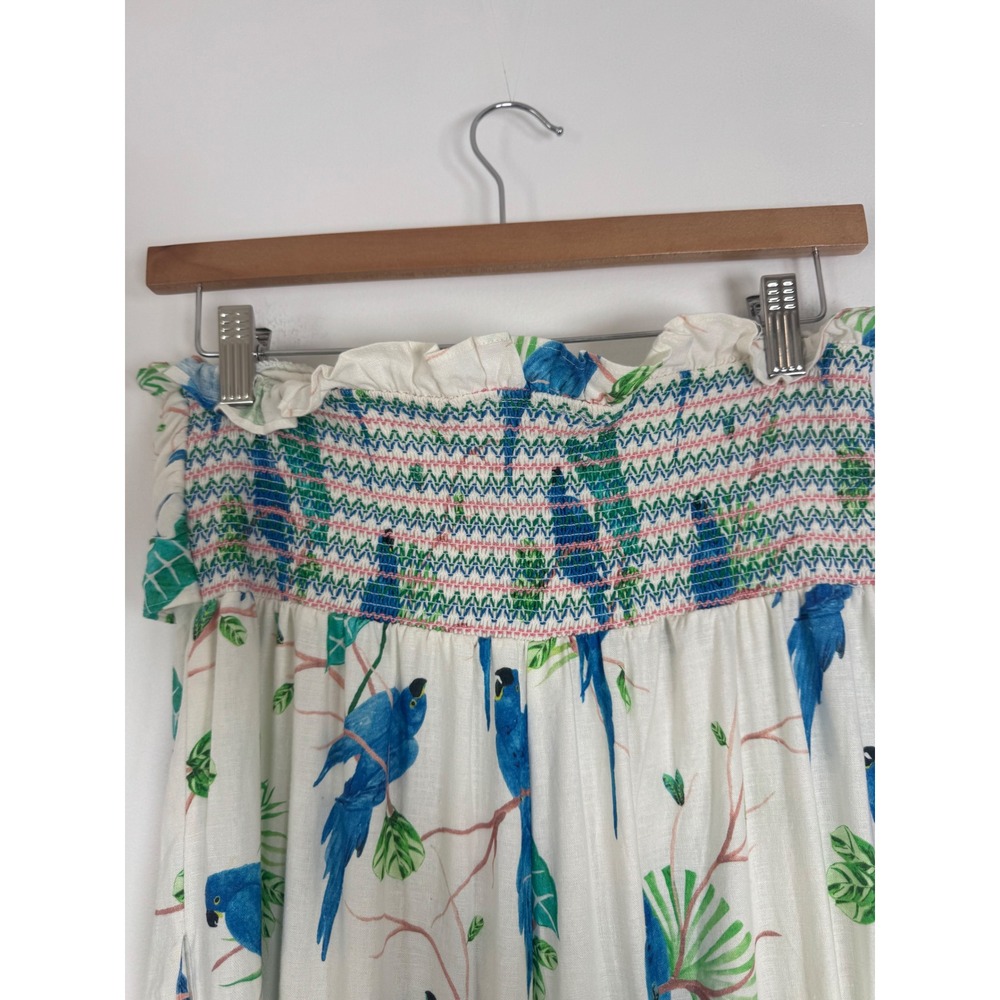 Tropical Farm Rio Womens S Strapless Jumpsuit White Blue Macaw Linen Blend Tie - Picture 11 of 13